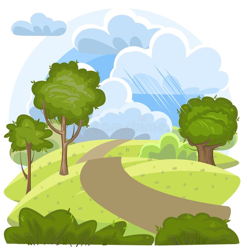 Country road. Green rural landscape with trees. Meadows and Hills. Scene with nature and clouds. Flat cartoon style. The