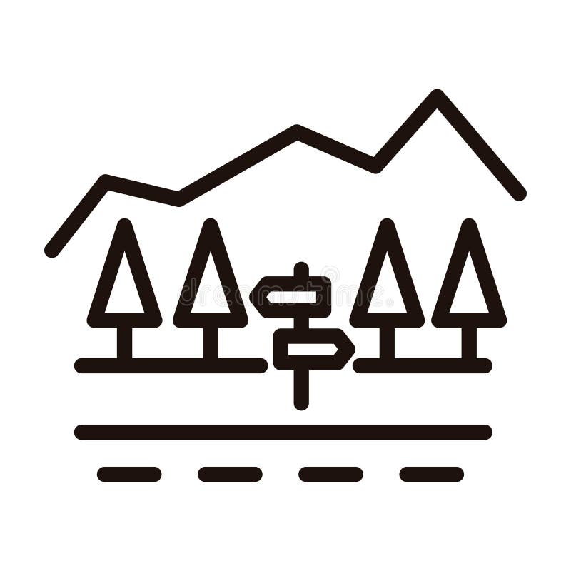 Country road with signpoast, trees and mountain minimal landscape. Vector thin line icon illustration for traveling. stock illustration Country road with signpoast, trees and mountain minimal landscape. Vector thin line icon illustration for traveling. stock illustration