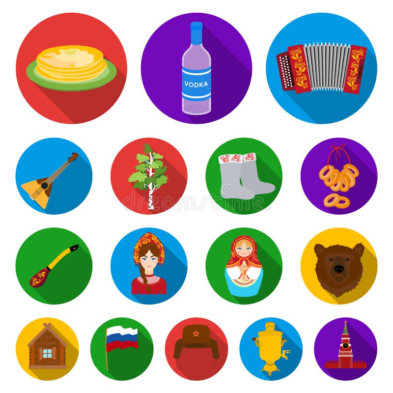 Country Russia, travel flat icons in set collection for design. Attractions and features vector symbol stock web vector illustration Country Russia, travel flat icons in set collection for design. Attractions and features vector symbol stock web vector illustration