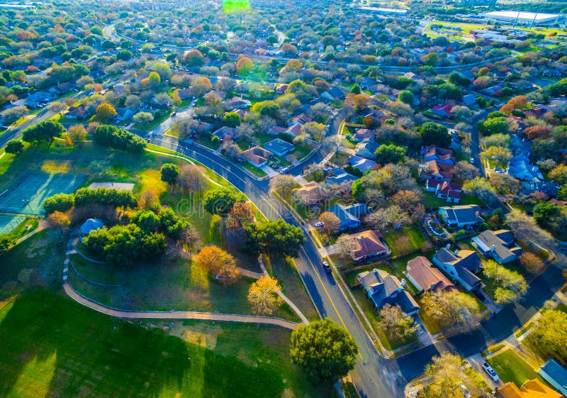 Country side Suburb Homes Austin Texas Aerial Drone shot above Community with Hiking Trails