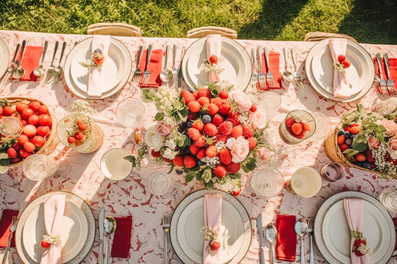 Country tablescape, formal dinner table setting, table scape with strawberry  decoration for wedding party and holiday event celebration, generative ai  29292354 Stock Photo at Vecteezy