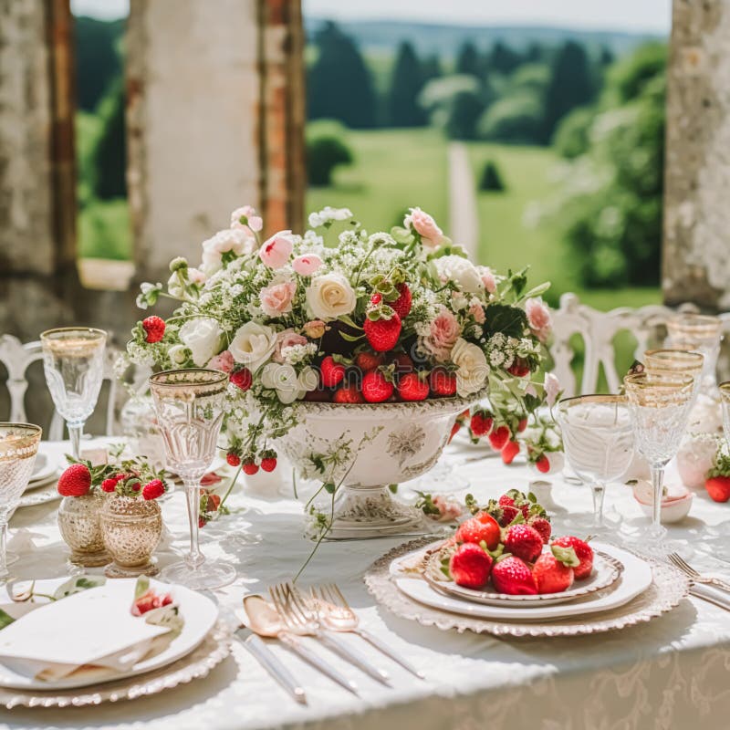 Country tablescape, formal dinner table setting, table scape with strawberry  decoration for wedding party and holiday event celebration, generative ai  29292354 Stock Photo at Vecteezy