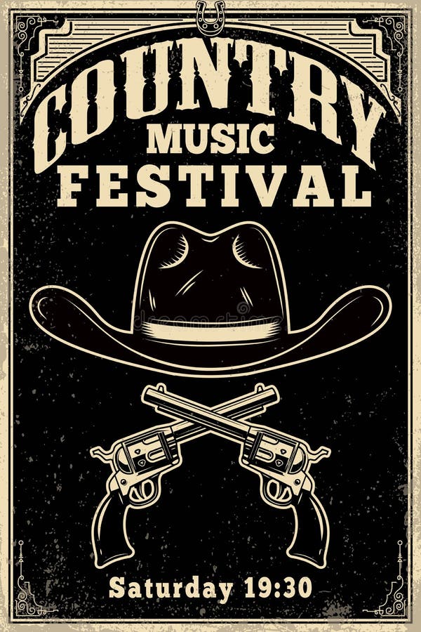 Countrymusik-Festivalplakatschablone Cowboyhut mit gekreuzten Revolvern Wildes Westthema Gestaltungselement für Plakat, Karte, ba