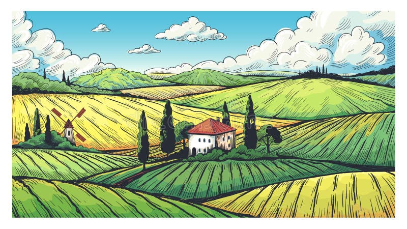 Village scenery drawing landscape Cut Out Stock Images & Pictures - Alamy