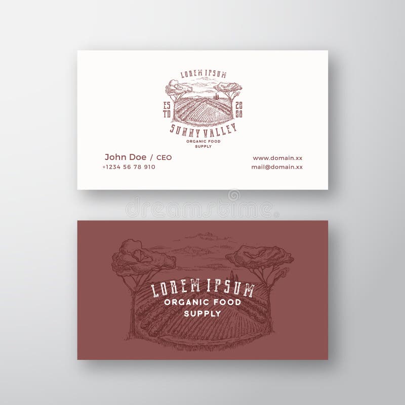 Countryside Valley Abstract Vector Sign or Logo and Business Card Template Hand Drawn Rural Farm Landscape Sketch met royalty-vrije illustratie Countryside Valley Abstract Vector Sign or Logo and Business Card Template Hand Drawn Rural Farm Landscape Sketch met royalty-vrije illustratie