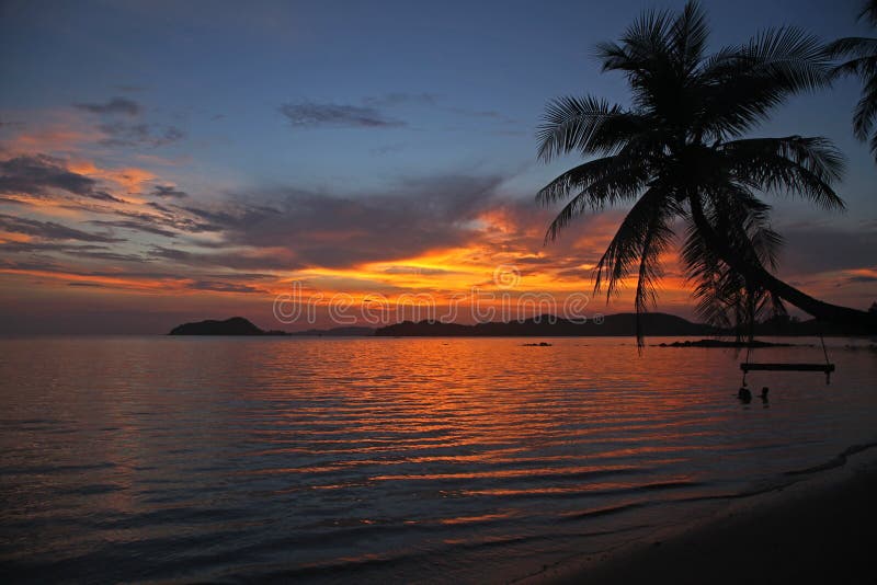 Coup d'oscillation ou de berceau sur coucher du soleil d'arbre de noix de coco le beau à la plage Thaïlande traditionnelle de val photographie stock Coup d'oscillation ou de berceau sur coucher du soleil d'arbre de noix de coco le beau à la plage Thaïlande traditionnelle de val photographie stock