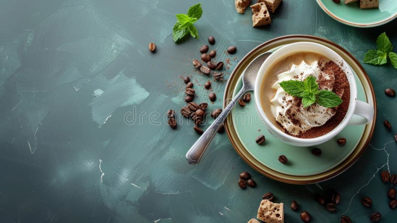 Coupe de café avec crème et menthe sur une table rustique avec haricots à café. Une vue panoramique d'une tasse de café avec crème et d'une garniture de menthe fraîche entourée de grains de café et de cubes de sucre créant une scène de café cosy et accueillant.