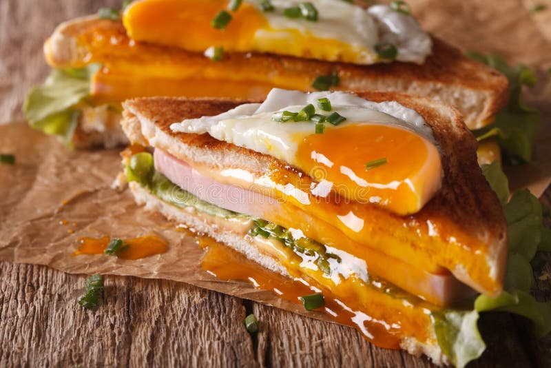 Coupez le plan rapproché de Madame de Croque de sandwich du papier horizontal photographie stock libre de droits Coupez le plan rapproché de Madame de Croque de sandwich du papier horizontal photographie stock libre de droits
