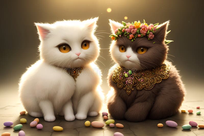 The couple of adorable cats indoors among the tulips, AI generated