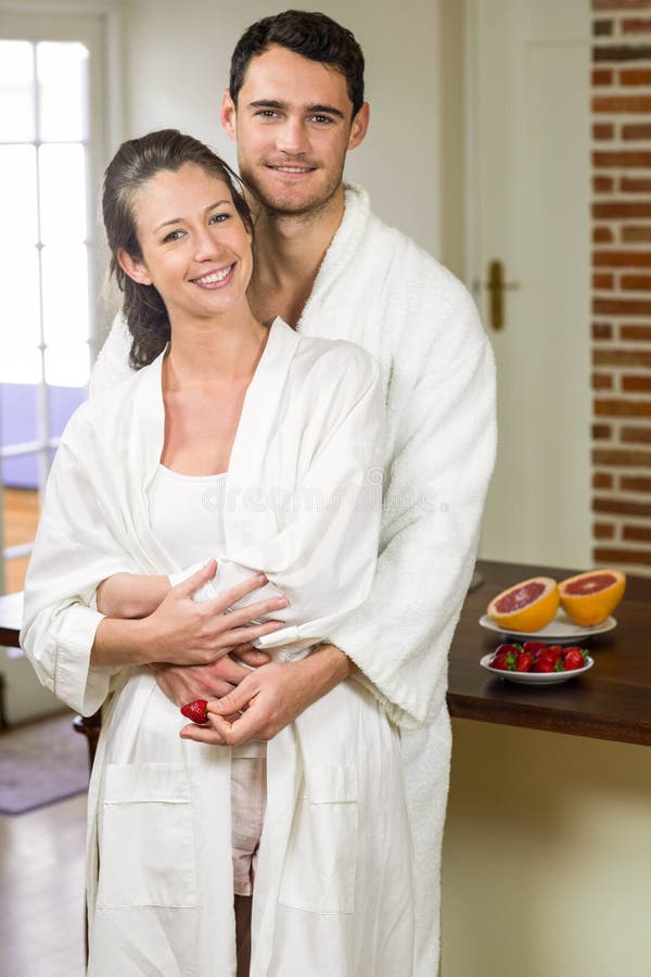 Couple in Bathrobe Embracing Each Other Stock Image Image of cozy
