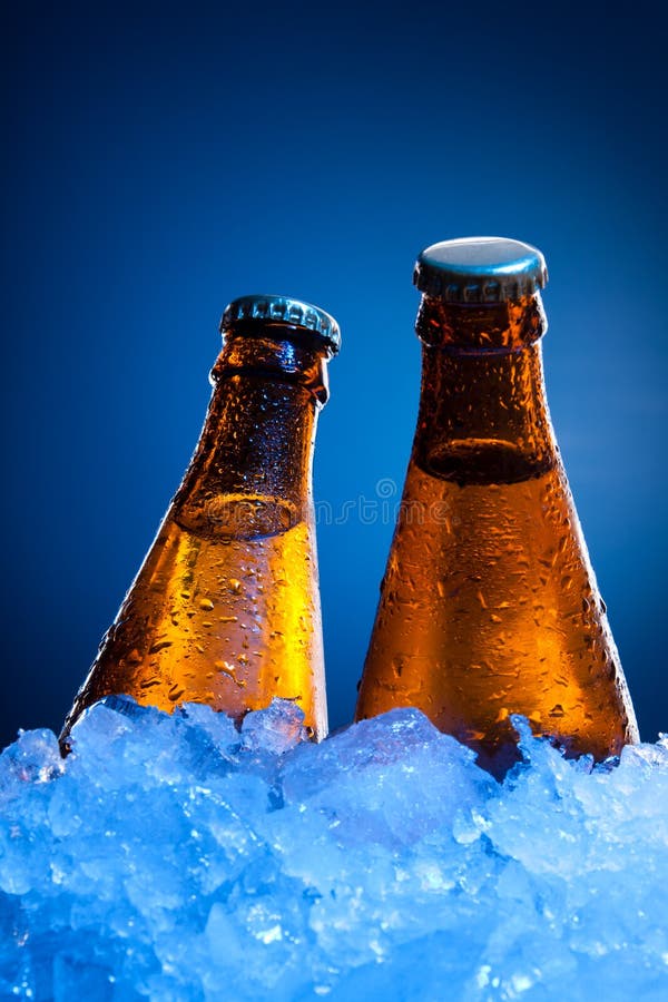 Couple beer bottles in ice