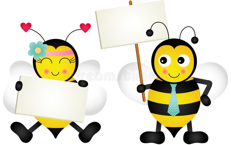 Couple Bees Holding Blank Signboards Stock Vector Illustration of
