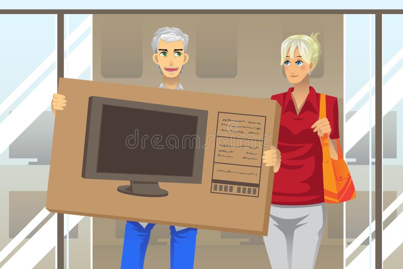 A vector illustration of a mature couple buying a big screen television. Lcd tv vector vectors
