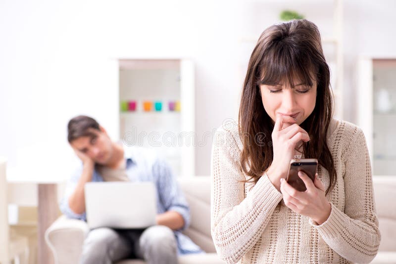 The Couple Cheating on Each Other at Home Stock Image - Image of