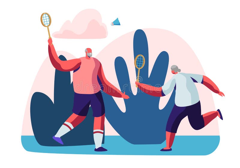 Couple of Cheerful Male Pensioners in Sports Wear Playing Badminton Outdoors. Senior People Healthy Lifestyle and Sport Life royalty free illustration Couple of Cheerful Male Pensioners in Sports Wear Playing Badminton Outdoors. Senior People Healthy Lifestyle and Sport Life royalty free illustration