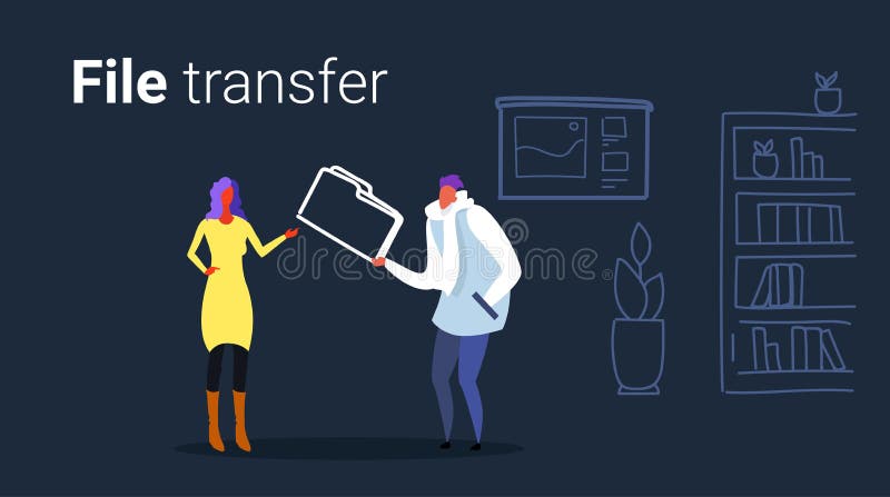 Couple colleagues private data sharing casual man giving confidential documents folder to woman file transfer concept stock illustration