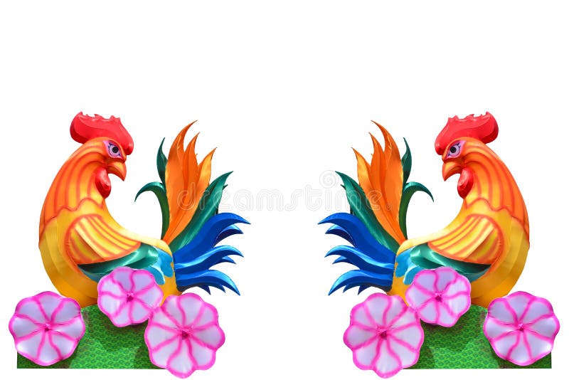 Couple of colorful fabric chickens lunar lanterns signs of the zodiac isolated on white background stock image Couple of colorful fabric chickens lunar lanterns signs of the zodiac isolated on white background stock image
