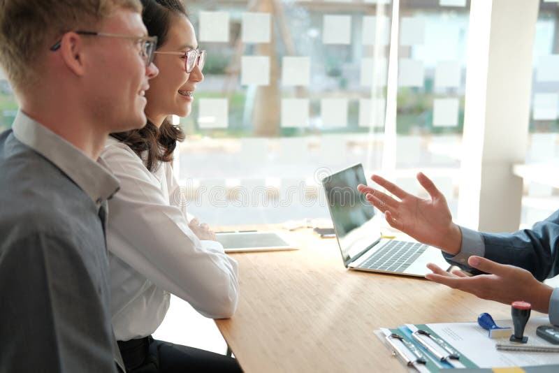 Lawyer Insurance Broker Consulting Giving Legal Advice To Couple Customer About Buying Renting ...