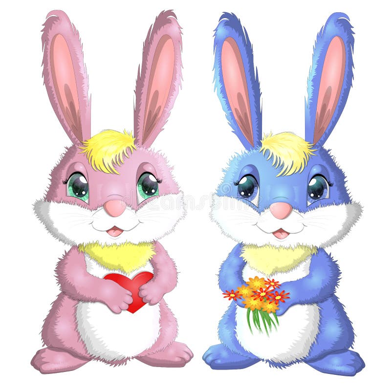 Couple of cute cartoon bunnies boy with a bouquet of flowers and a girl with a heart isolated on white