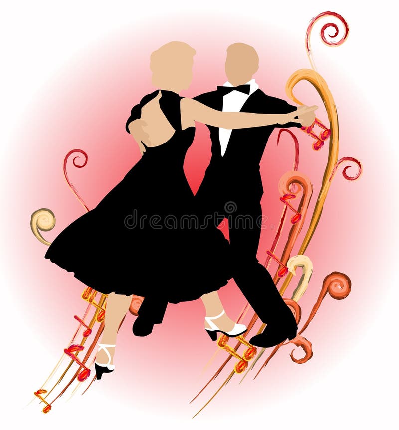 Silhueta de um casal a dançar em fatos escuros sobre um fundo decorativo de notas musicais ilustração do vetor