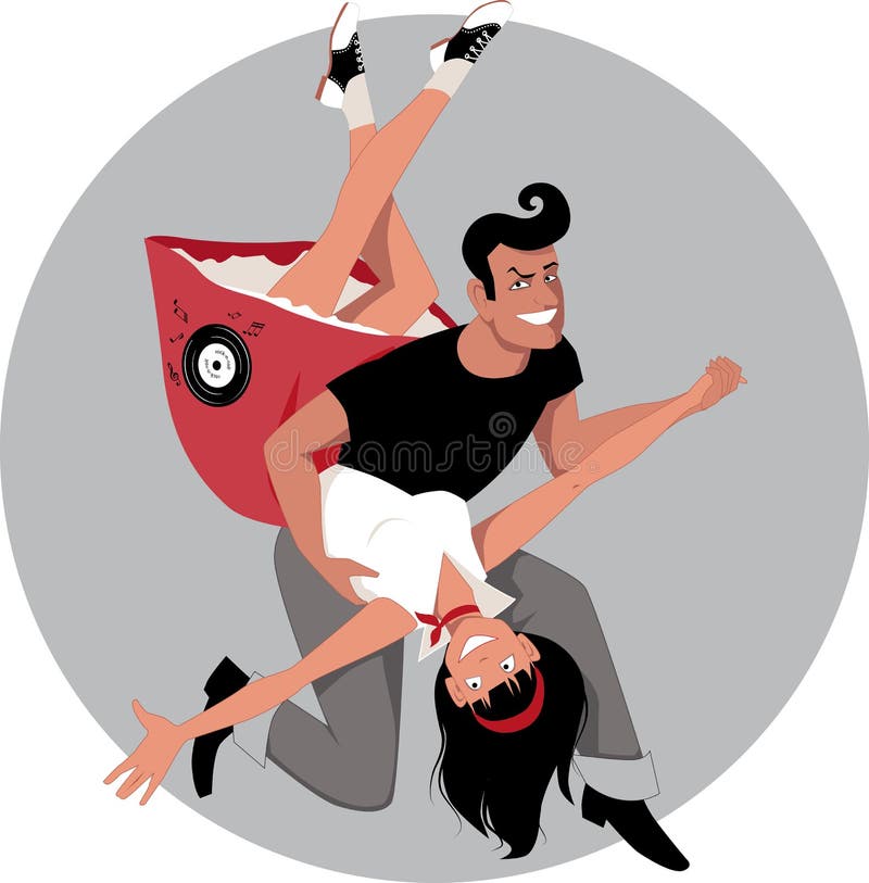 Young cartoon couple dressed in 1950s style fashion dancing rock and roll, vector illustration. Young cartoon couple dressed in 1950s style fashion dancing rock and roll, vector illustration