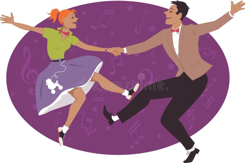 Young couple dressed in 1950s fashion dancing rock and roll or boogie, vector illustration, no transparencies, EPS 8. Young couple dressed in 1950s fashion dancing rock and roll or boogie, vector illustration, no transparencies, EPS 8