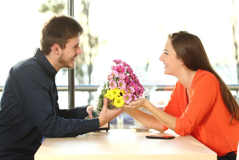 Couple Date With Man Giving Flowers Stock Image Image Of Flirting Falling 72058757 
