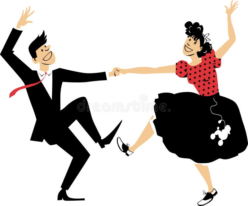 Couple dressed in 1950th closes, dancing rock and roll, vintage style EPS 8 vector illustration. Couple dressed in 1950th closes, dancing rock and roll, vintage style EPS 8 vector illustration