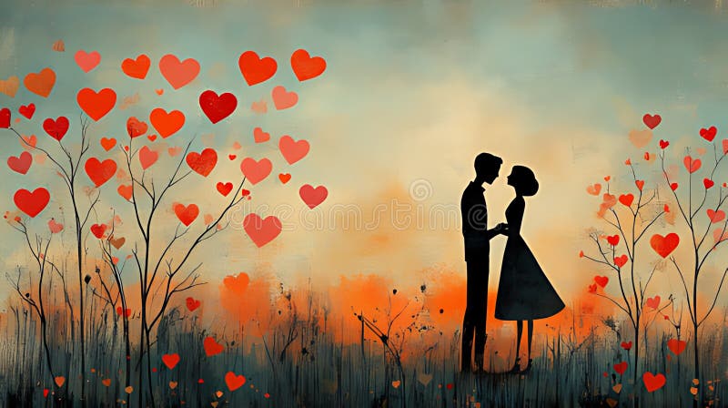 Couple embracing sunset heart trees romance illustration vector illustration