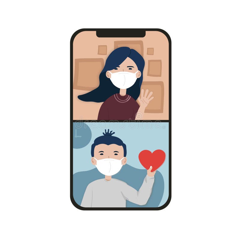 Female and male couple using smart phone communicate with each other. Young cute lady and man video call. Teen long distance relat royalty free illustration