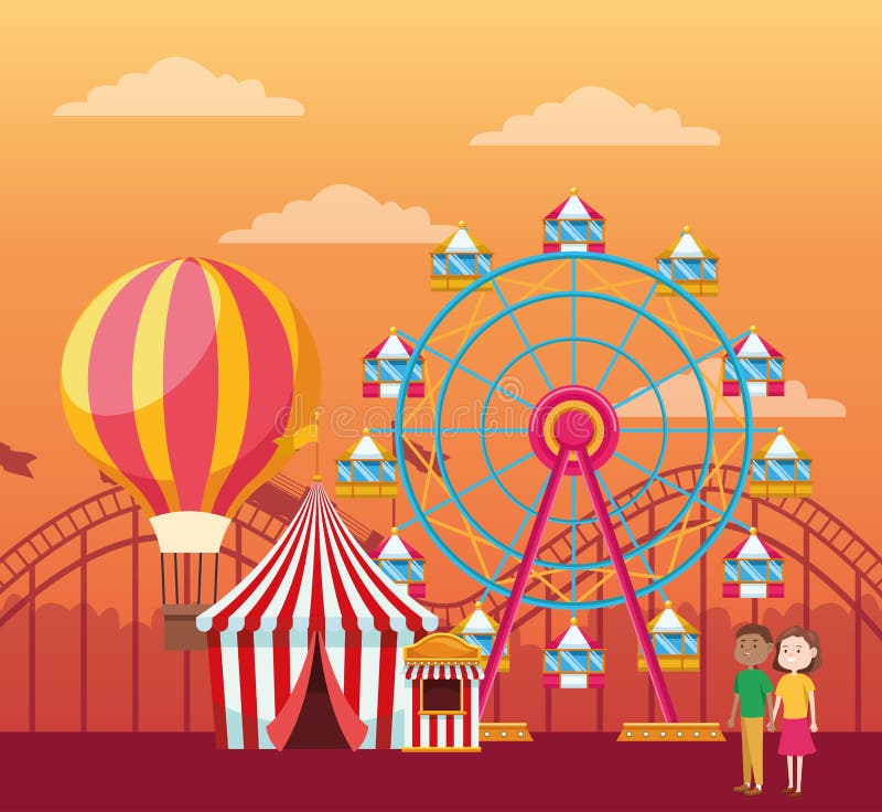 Fair Ferris Wheel and Hot Air Balloon Over Orange Sunset Background ...