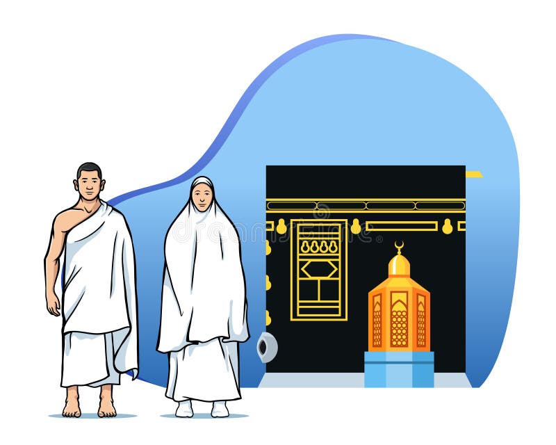 Couple Hajj Pilgrims In Front Of Maqam Ibrahim And Kaaba