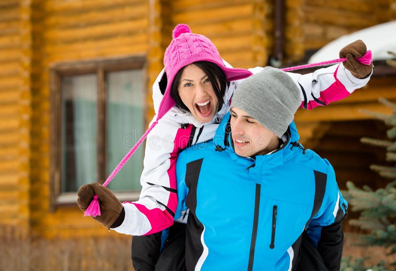 Couple Having Fun during Winter Vacations Stock Image Image of jump