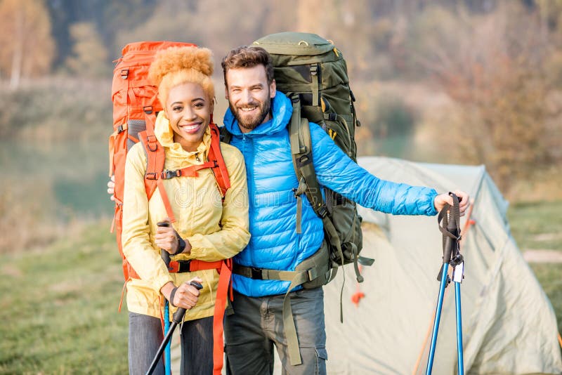 Couple Hiking with Backpacks Stock Image - Image of lifestyle, happy ...