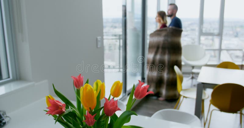 Couple hugging each other in living room 4k