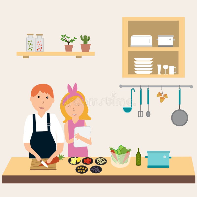 Couple in the kitchen using electronic tablet for cooking. illustration EPS10. vector illustration