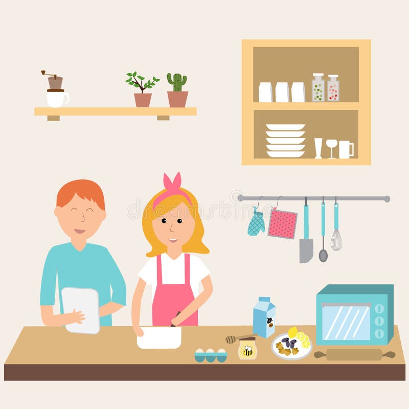 Couple in the kitchen using electronic tablet for cooking. vector illustration