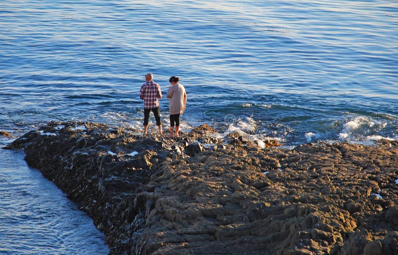 Couple looking at sea life near Divers Cove, Laguna Beach, California.