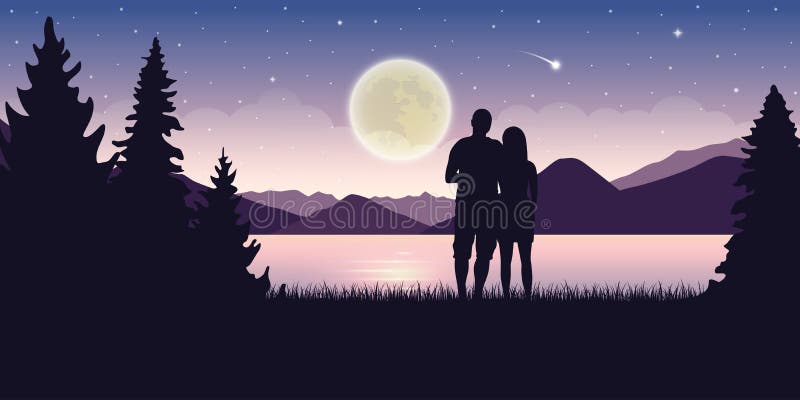 Couple in love at beautiful lake at night with full moon and starry sky mystic landscape