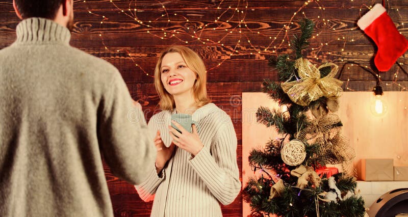 Couple Love At Christmas Tree Feeling Cozy Together Magic Between Them Christmas Traditions