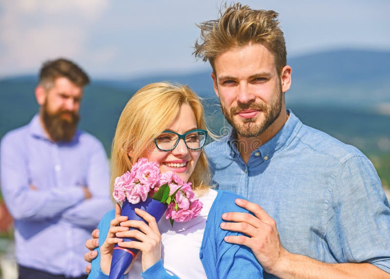 Couple in Love Dating while Jealous Bearded Man Watching Wife Cheating Him with Lover