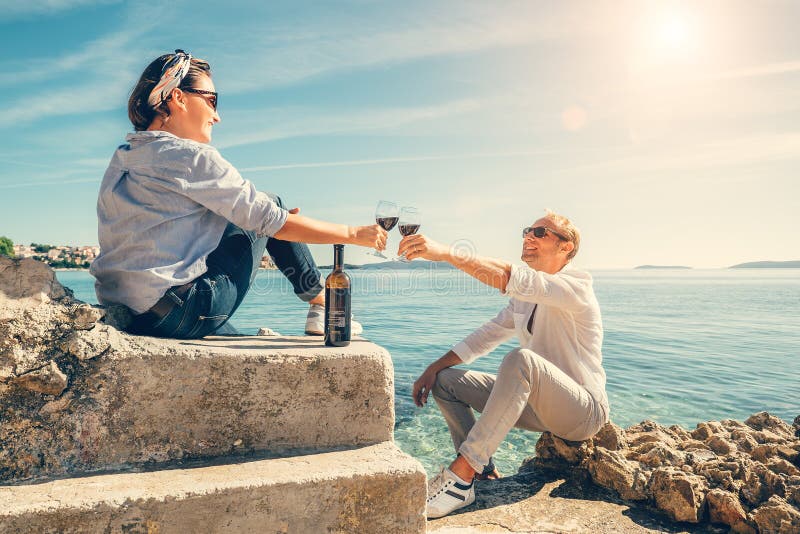 Couple in love have romantic date in blue lagune on Adriatic Sea