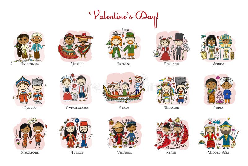 Couple in love, national costume. Valentine day in different countries, cards collection for your design