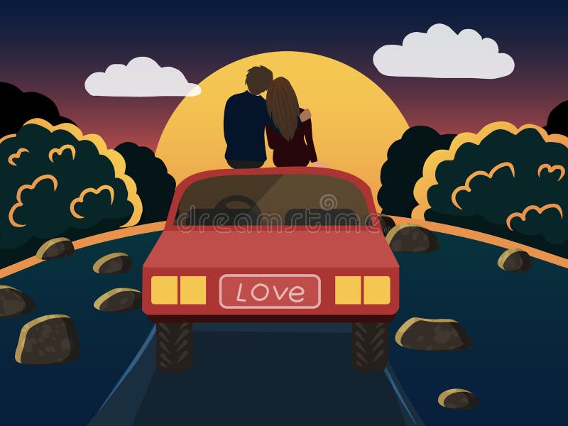 A Couple in Love is Sitting on a Car, Against the Background of the Sunset.  Stock Illustration - Illustration of vector, transport: 214551958