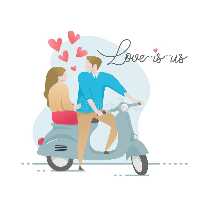 Couple in love vector illustration for valentine&x27;s day card banner design. Concept of lovers riding vintage scooter