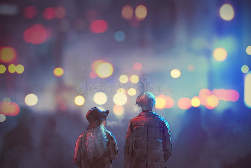 Couple in love walking on street of city at night vector illustration Couple in love walking on street of city at night vector illustration