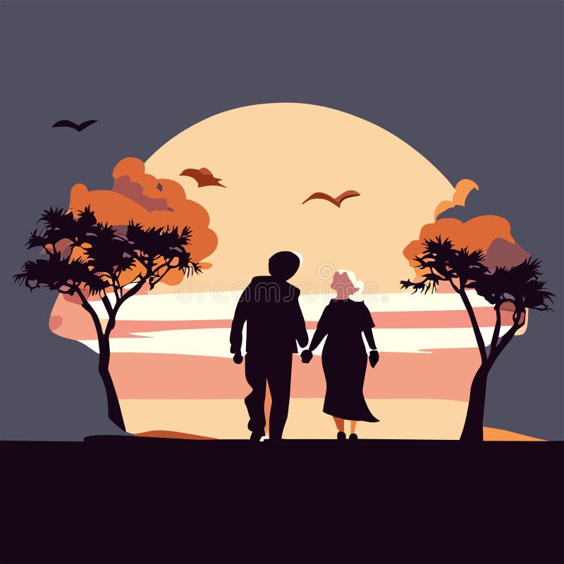 Couple In Love Walking At Sunset In The Park Vector Illustration Generative Ai Stock Vector