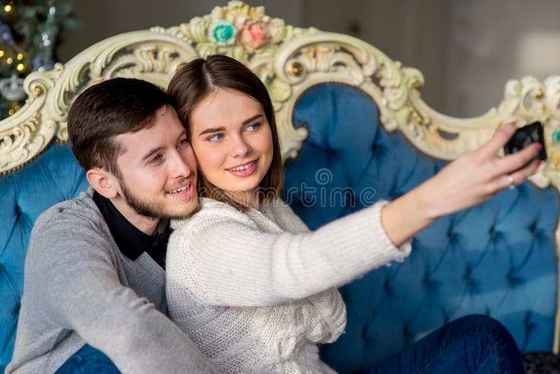 Portrait Cute Romantic Couple Posing Selfie Modern Smartphone While Resting  Stock Photo by ©GaudiLab 206942774