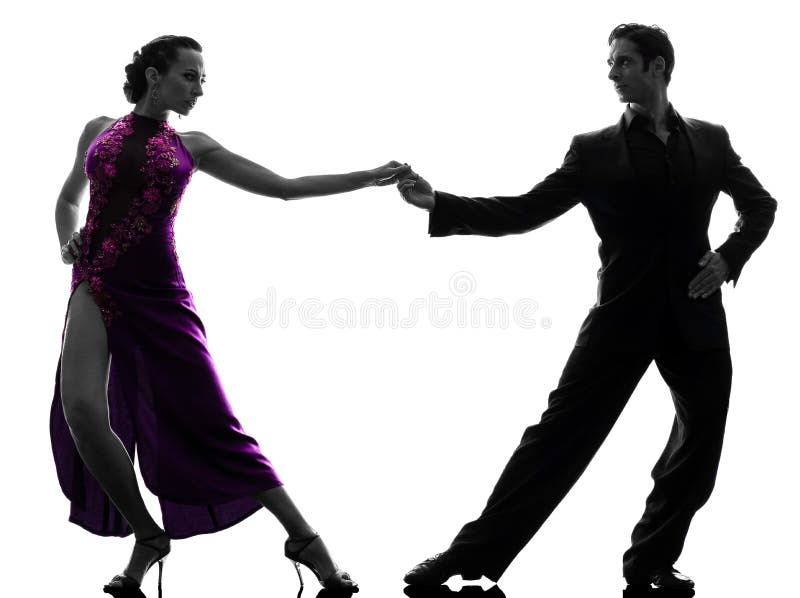 Couple man woman ballroom dancers tangoing silhouette