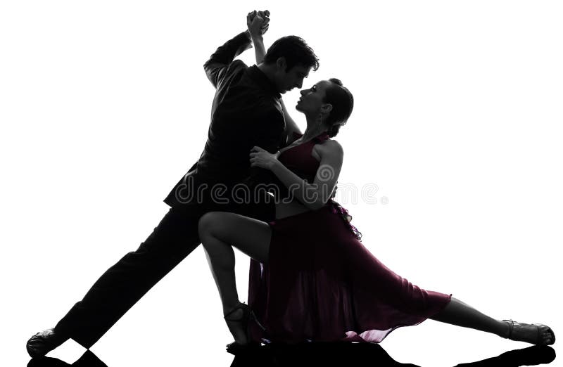 Couple man woman ballroom dancers tangoing silhouette